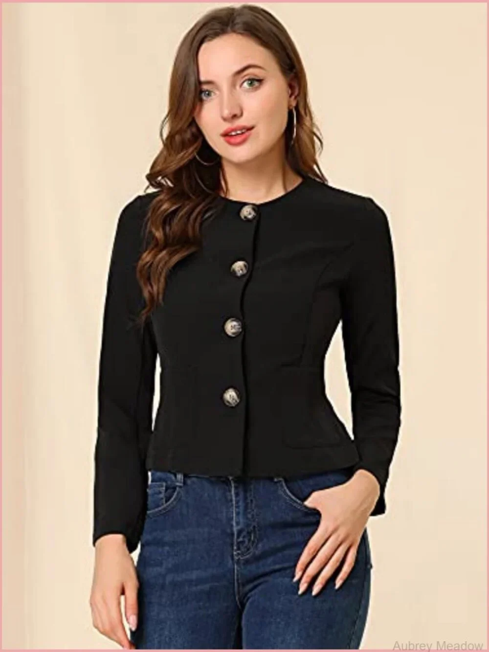 Women's Collarless Cropped Blazer Jacket Long Sleeve Button Front Work Office